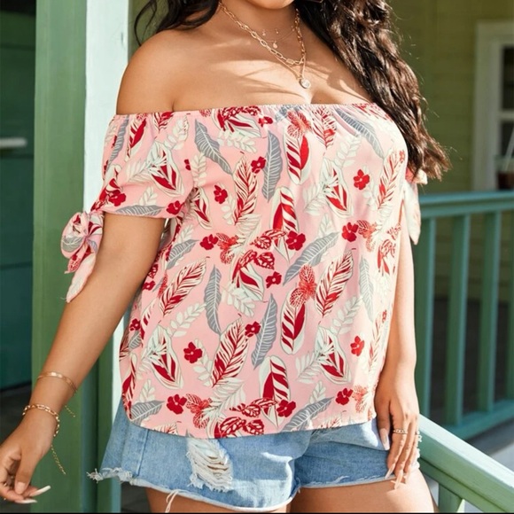 SHEIN - Tropical Print Knotted Bardot Blouse - Size 0X - Picture 3 of 9